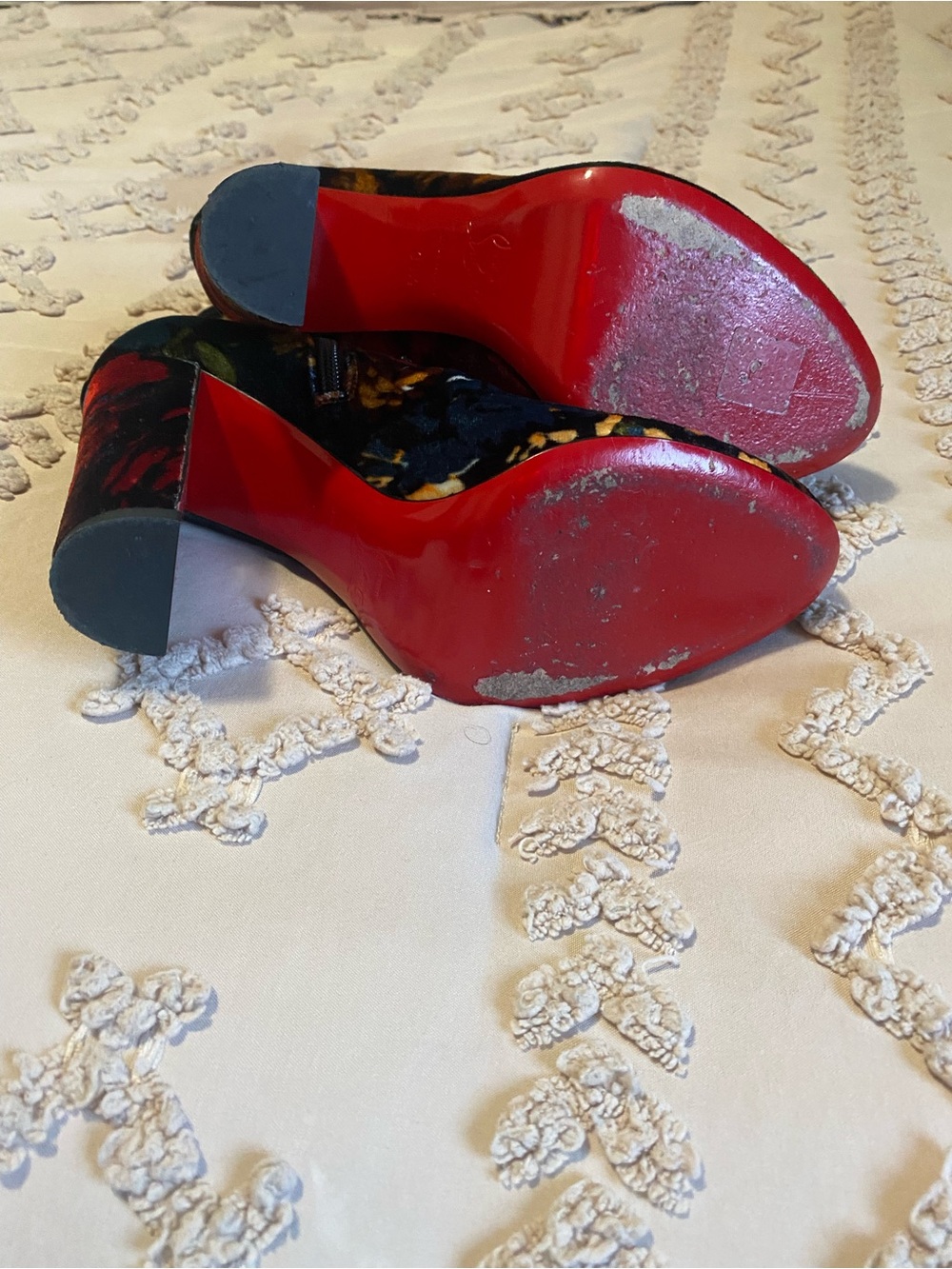 Christian Louboutin Floral Velvet Block Heel Ankle Boots - Black Multi - Picture 3 of 7